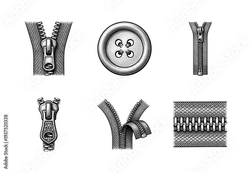 Vintage engraving style collection of garment fasteners featuring various zippers and a four hole button in black and white woodcut technique.