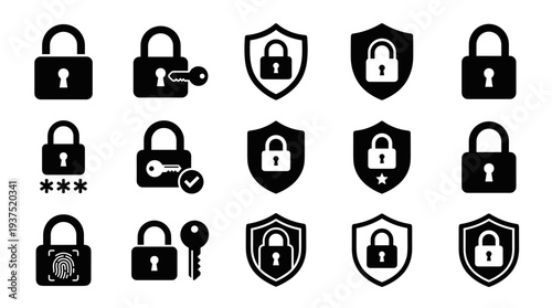 A set of black and white security icons including locks and shields on transparent background
