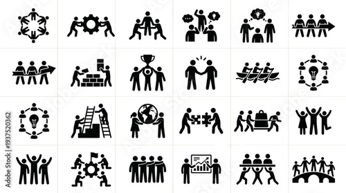 A set of black and white vector icons depicting teamwork and collaboration on transparent background