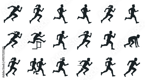 A set of running man silhouettes in various poses on transparent background
