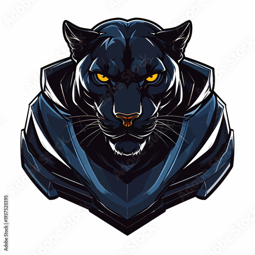 A close-up illustration of a black panther's head with yellow eyes and sharp teeth, set against a white background with a futuristic metallic design