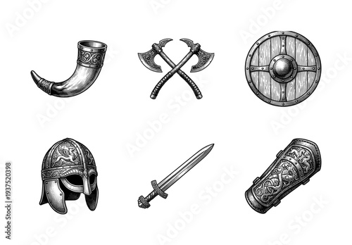 Set of ancient viking warrior equipment and weapons in woodcut engraving style including helmet sword axes shield horn and gauntlet