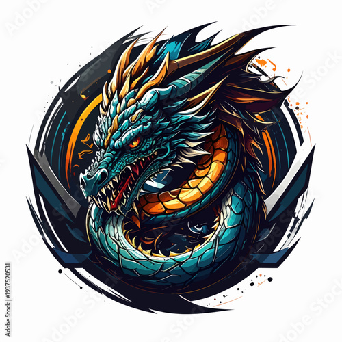 A vibrant digital illustration of a fierce dragon's head with sharp teeth and glowing eyes, surrounded by dynamic swirling lines and bold orange, teal, and black colors on a white background