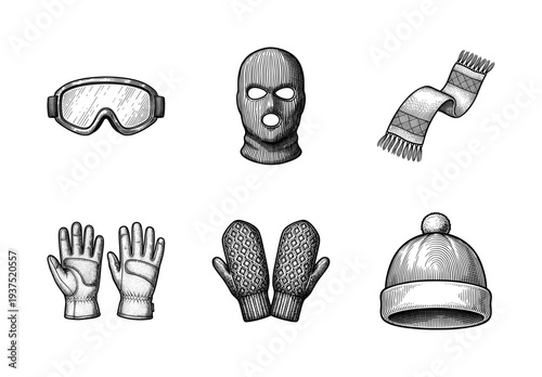 Set of winter accessories and cold weather gear in hand drawn vintage woodcut engraving style including goggles balaclava scarf gloves mittens and beanie