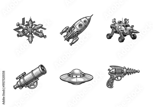 Retro science fiction space exploration set featuring hand drawn vintage engravings of a rocket ship, satellite station, ufo, lunar rover, raygun, and telescope