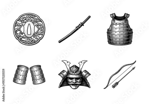 Traditional Japanese samurai warrior equipment set including katana sword armor helmet and archery bow in black and white hand drawn vintage engraving style