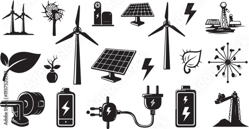 Renewable Energy Icons and Sustainable Power Symbols Illustration Set