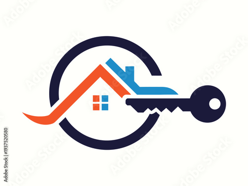 Real estate logo combining house, key and circle abstract shape, signifying property ownership and security, real estate agency branding