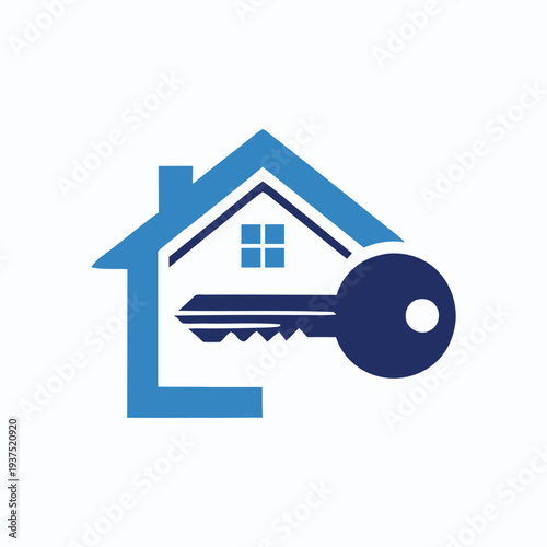 Real estate logo with house outline and key symbol isolated on white background represents property ownership and secure access to home ownership and real estate investment