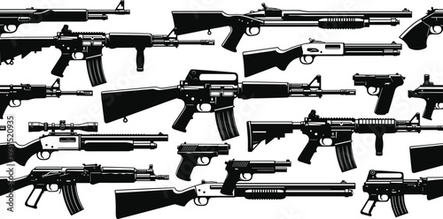 Collection of firearm and gun silhouettes including rifles pistols and shotguns, detailed black weapon illustration set for military security defense tactical and armory themes