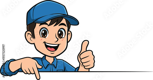 Happy cartoon delivery boy in blue uniform showing thumbs up and pointing down to blank banner space, cheerful service mascot illustration for promotion