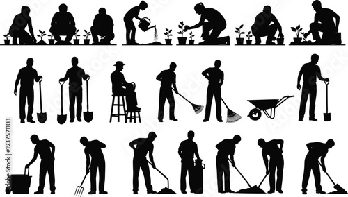 Vector Silhouette Set of People Gardening and Farming Activities Featuring Gardeners Planting Watering Raking Digging and Working with Agricultural Tools