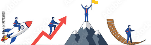 Business success and growth concept illustration showing businessman riding rocket, climbing rising arrow, reaching mountain peak with flag, and overcoming challenges toward achievement