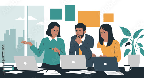 Three Professionals Working Together at Office Desk.