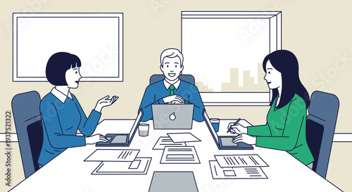 Business Meeting with Three Colleagues Discussing.