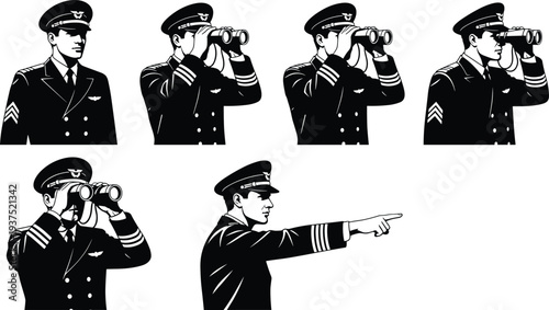 Vintage Captain Vector Illustration Set Featuring Uniformed Naval Officer Using Binoculars Standing Guard and Pointing Direction for Marine Maritime Surveillance Art