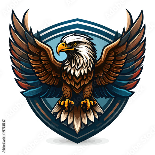 Digital illustration of a brown and white eagle with outstretched wings on a blue shield background with white and orange accents