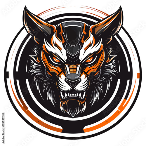A stylized illustration of a fierce tiger's head with orange, white, and black markings, set within a circular design of black, white, and orange lines on a white background