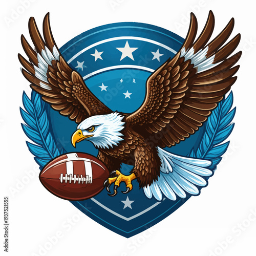 An American eagle holds a football in front of a blue shield with white stars and laurel leaves on a white background