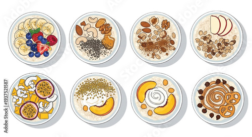 Healthy Oatmeal Breakfast Bowls Vector Collection with Fruits Nuts Seeds and Yogurt