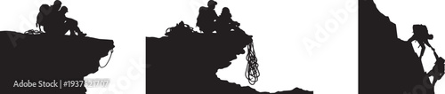 Black silhouette illustration of climbers helping each other on steep mountain cliffs, symbolizing teamwork, leadership, determination, cooperation, and success journey concept isolated on white backg