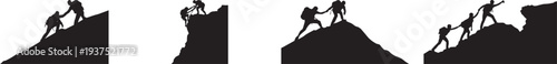 Black silhouette illustration of mountaineers climbing rocky peaks and helping each other reach the summit, symbolizing teamwork, leadership, determination, cooperation, and success journey concept.