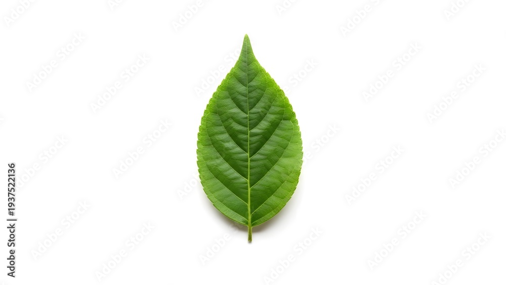 Fototapeta premium A single fresh green leaf floats calmly on a plain surface, captured from a direct overhead viewpoint.