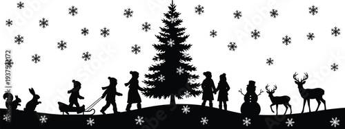 Winter holiday forest landscape with children playing in snow under pine tree with reindeer snowman and animal silhouettes in black vector
