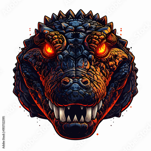 A close-up illustration of a dinosaur's head with glowing red eyes and sharp teeth against a white background