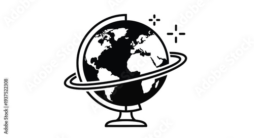 Black and white globe with orbiting rings and plus signs