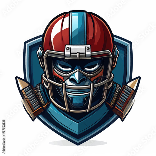 Cartoon illustration of a football player's helmeted head with a shield and pencils, conveying a strong and creative mood