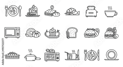 Black and white line of various food and kitchen appliances line food microwave