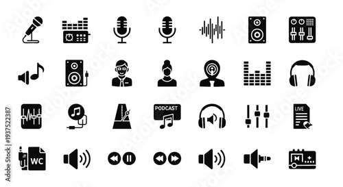 Black and white of audio equipment, podcasting, and sound technology microphone