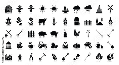 Black and white of farming tools animals and agricultural agriculture