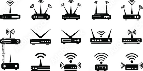 Wireless Wifi Router and Modem Icon Set Featuring Various Network Signal Strengths and Antenna Configurations for Internet Connectivity Web Design Elements