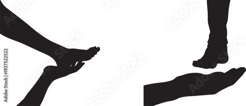 Minimal black silhouette illustration of two human hands helping a person stand, symbolizing support, teamwork, trust, rescue, leadership, and cooperation concept isolated on white background.