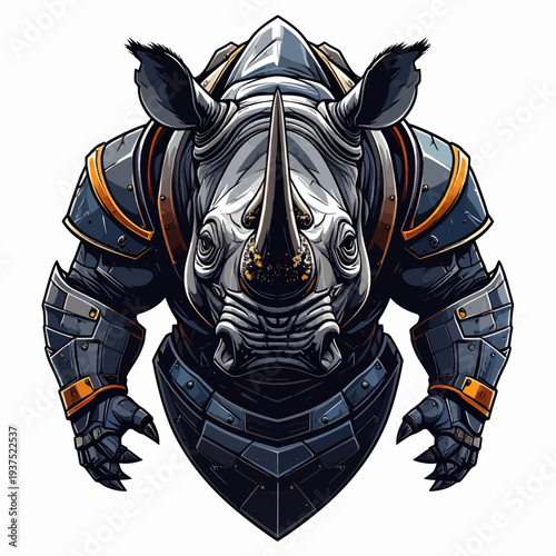 A digitally illustrated rhino wearing futuristic metallic armor with orange accents on a white background