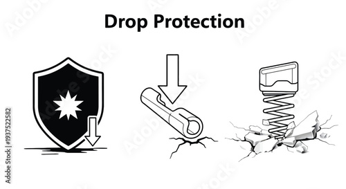 Black shield with star and arrow symbolizing drop protection next to a broken device with a spring white star