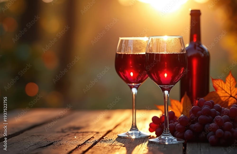 Fototapeta premium Two glasses of red wine and bottle sit on wooden table. Grapes and autumn leaves nearby. Warm sunset light creates cozy atmosphere, symbolizing relaxation and pleasure.