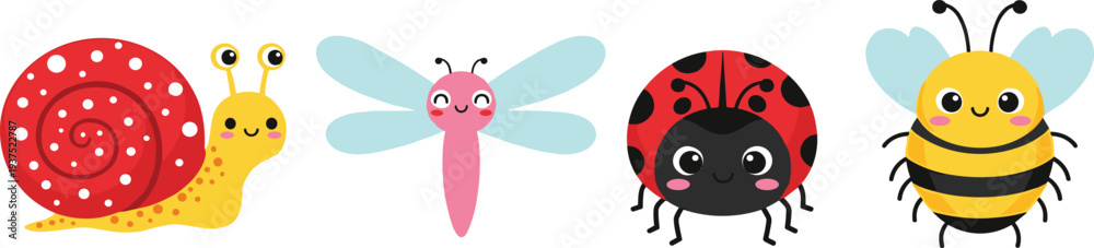 Obraz premium Cute Kawaii Garden Insect Characters Set with Snail Dragonfly Ladybug and Bee Cartoon Icons for Kids Stickers Nature Education and Spring Designs
