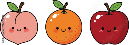 Cute Kawaii Fruit Characters Set with Peach Orange and Apple Cartoon Icons for Healthy Food Stickers Kids Designs Organic Nutrition and Fun Mascots