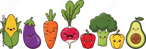Cute Kawaii Vegetable Characters Set with Corn Eggplant Carrot Radish Pepper Broccoli Avocado Cartoon Icons for Healthy Food Kids Designs