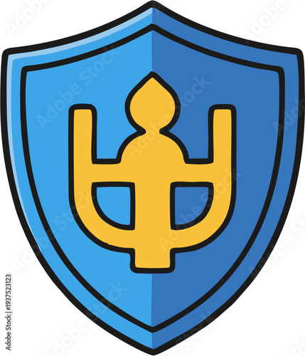 A blue shield with a yellow symbol, representing security and protection from various threats and risks in a digital environment