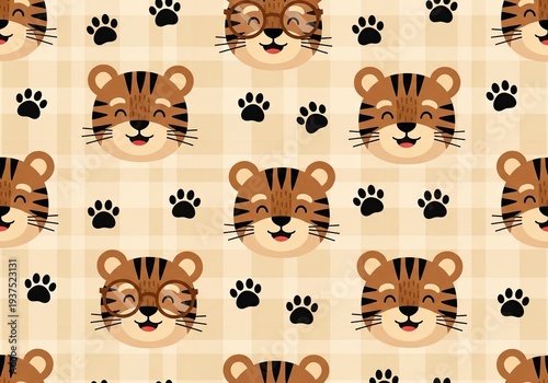 Happy tiger faces with glasses and paw prints on checkered background
