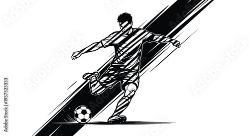 Dynamic black and white illustration of a soccer player powerfully kicking a ball in motion