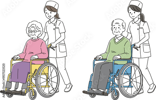 Nurse Assisting Elderly Patients in Wheelchair Vector Illustration with Caregiver Support, Senior Healthcare, Medical Aid, and Disability Assistance Concept