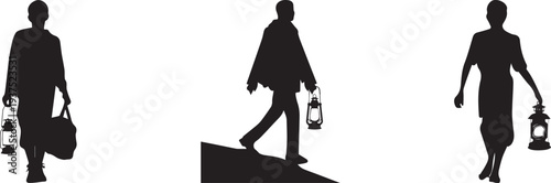 Silhouette of a traveler walking with a lantern across different steps, symbolizing journey, exploration and guidance, representing adventure, direction, discovery and personal progress concept.