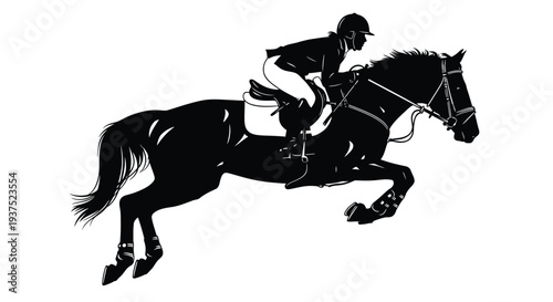 Stylized black silhouette of equestrian rider skillfully guiding a galloping horse over an obstacle