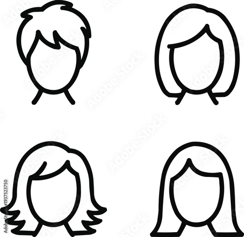 Women’s Hair Length Outline Icon Set Pixie, Bob, Shoulder, and Mid-Back Styles
