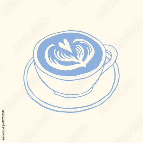 Hand drawn coffee cup with latte art on plate in minimalist blue line style. Elegant cafe vector illustration perfect for restaurant menu, coffee branding, packaging and lifestyle design